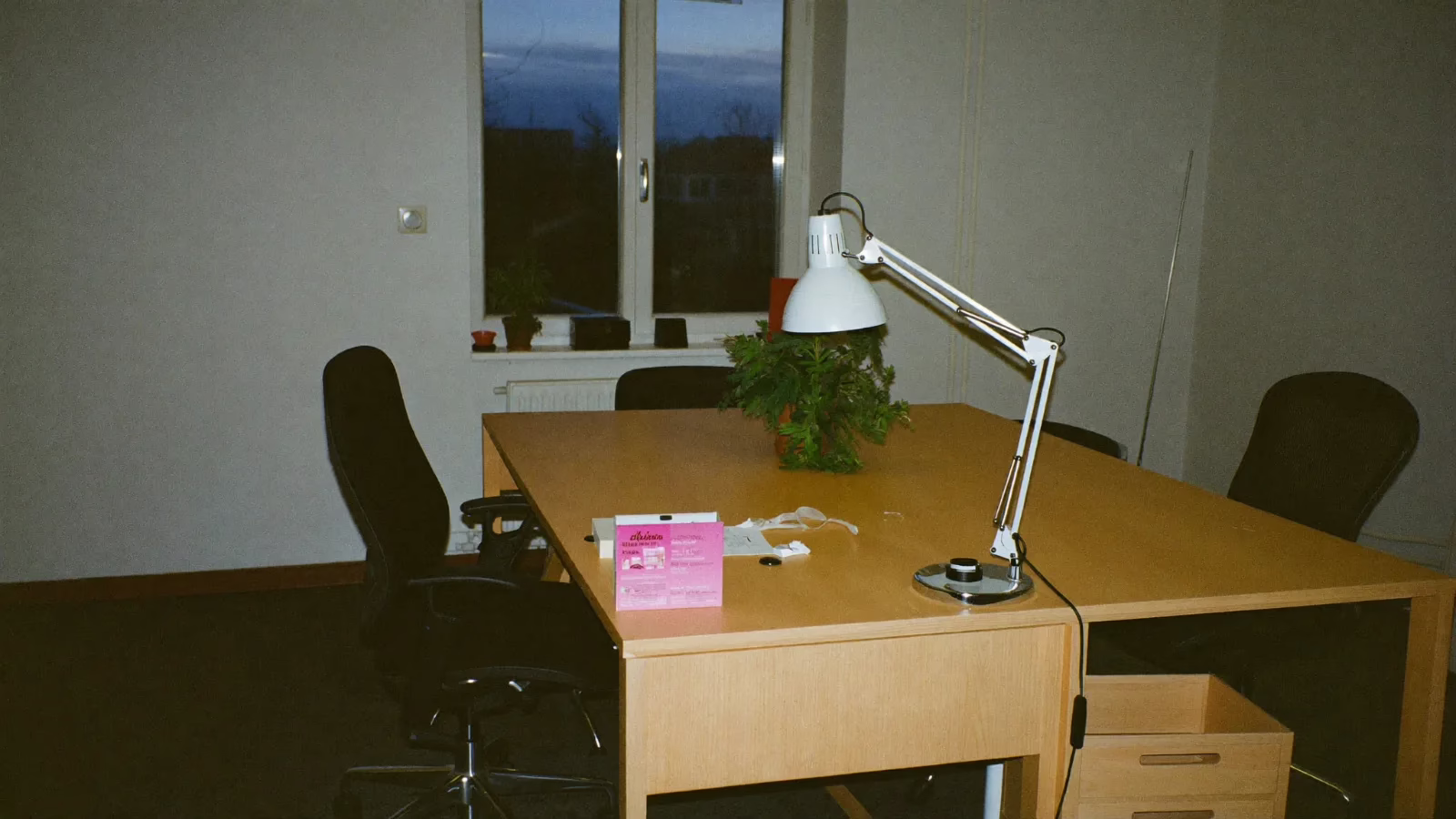Tomt kontor i skymning med en tänd skrivbordslampa och en krukväxt på skrivbordet