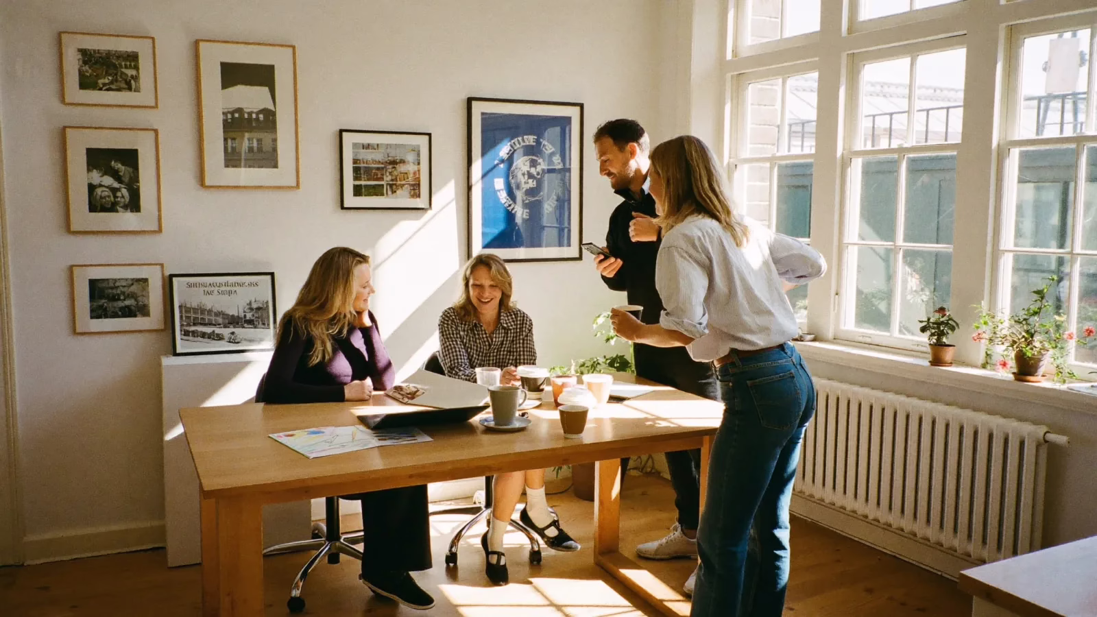 Fyra kollegor samlade kring ett skrivbord i ett ljust kontor och reagerar glatt på något